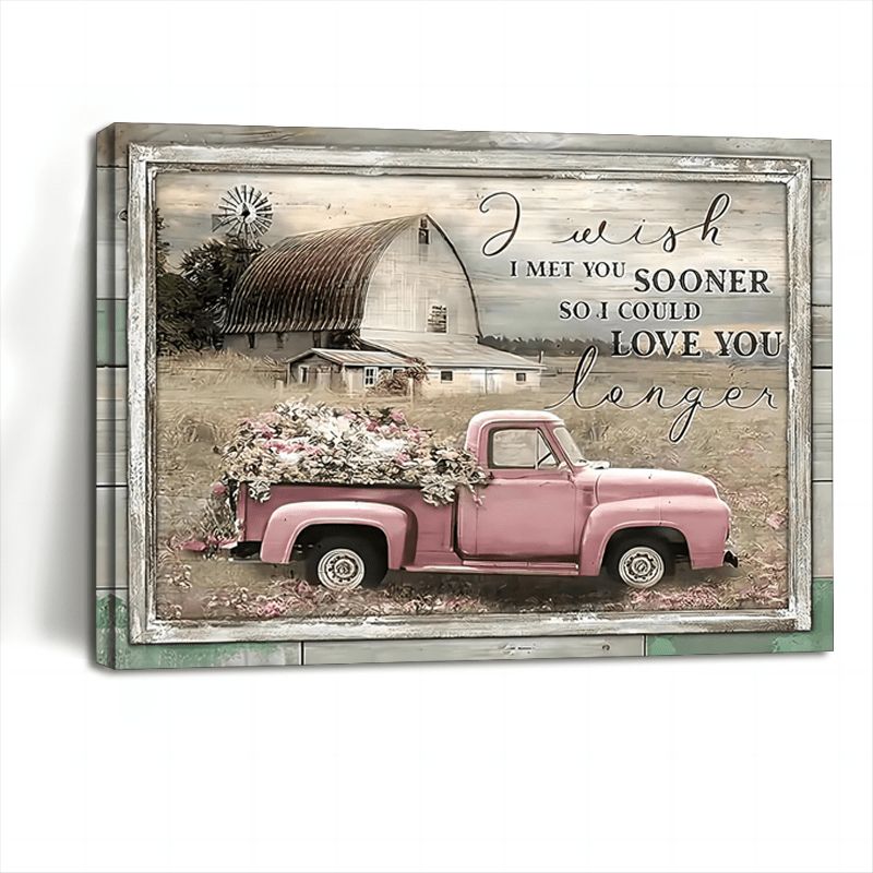 

1pc Rustic Farmhouse Canvas Art - Distressed Wooden Framed Pink Truck Painting - Charming Country Wall Decor For Living Room & Bedroom, High-quality Prints, Perfect Heartfelt Gift For Her Or Him