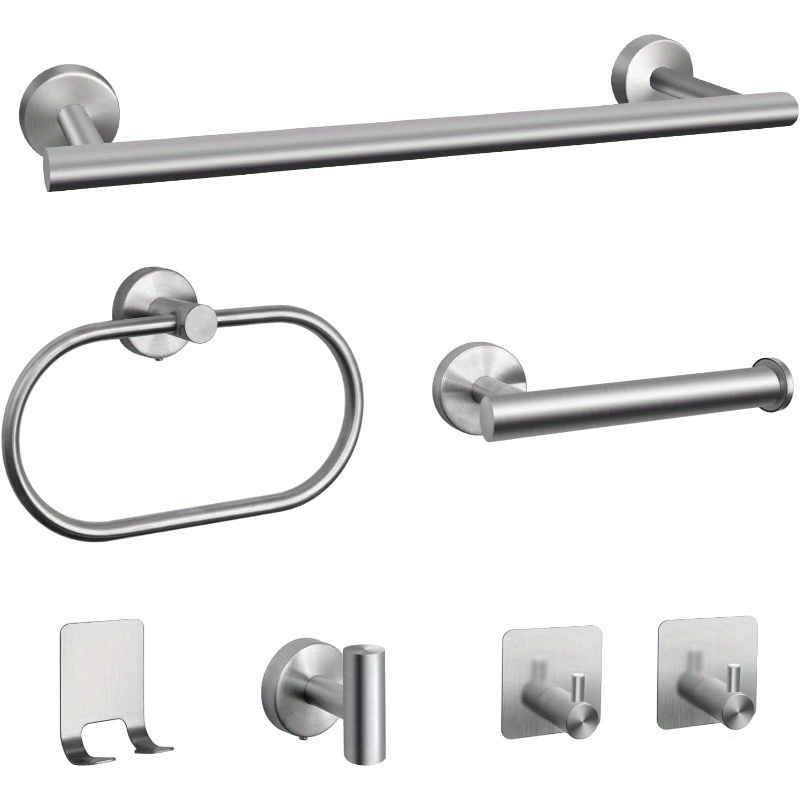 TEMU 7pcs Bathroom Hardware Set, Matte Black Stainless Steel Bathroom Set Wall Mounted Includes 16" Towel Bar, Toilet Towel Paper Holder, Towel Ring,
