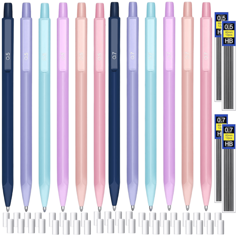 

Pastel Mechanical Pencil Set: Includes 12 Pencils With 0.5/0.7mm Tips, 4 Boxes Of Pencil Leads, And 40 Eraser Refills - Perfect For Art, Writing, And Sketching