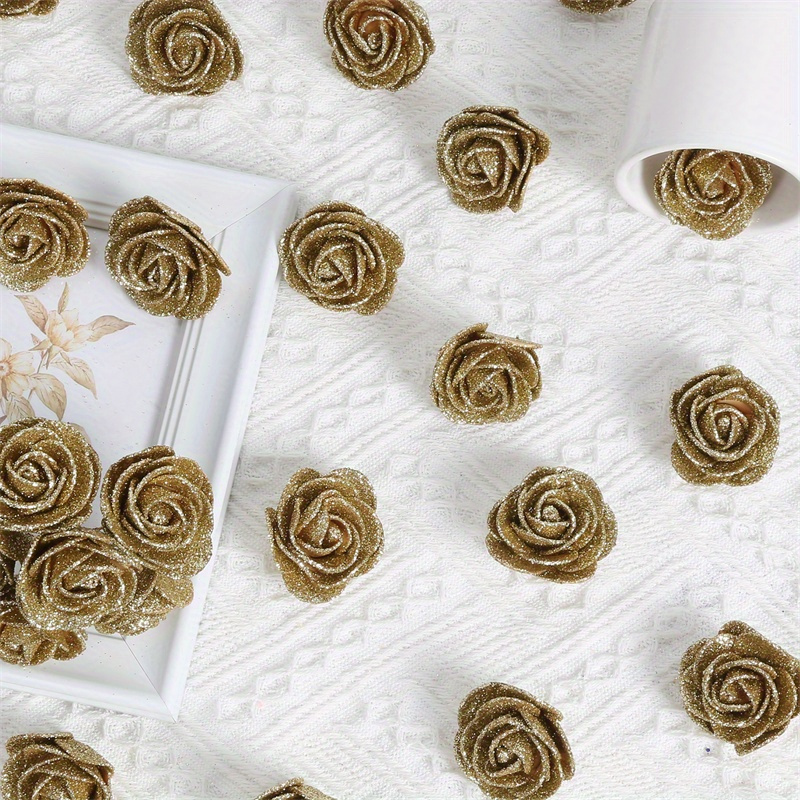 

60pcs/set Artificial Flowers, Foam Glitter Roses Glitter Foam Rose Foam Rose With Stems For Diy Wedding Bridal Bouquet Home Party Christmas Decoration 4.5cm/1.77in Hair Decor Valentine's Day Day Gift