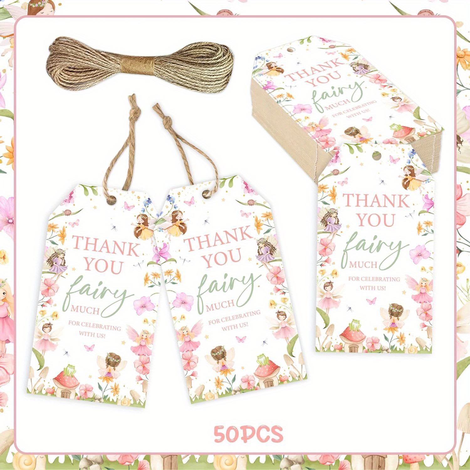 

50pcs Fairy Theme Celebration Gift Tags - Double-sided Thank You Favor Tags For Birthday, Baby Shower, Wedding, Bridal Party - Floral Design With Jute Twine Included