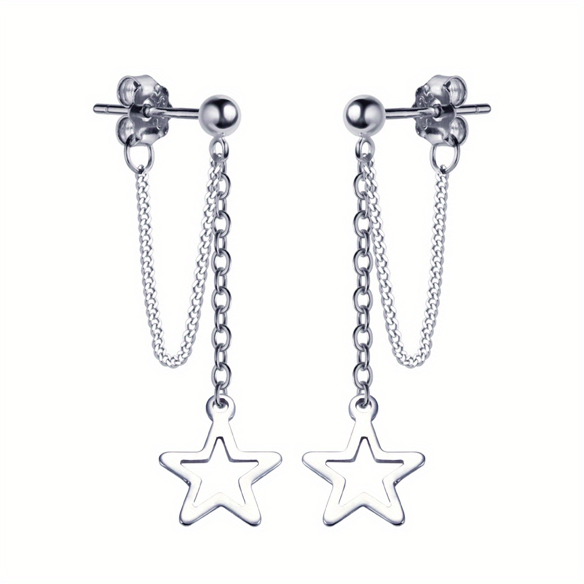 A Pair Of Stainless Steel Hollow Star Pendants With Front And Back Chain Design, Hypoallergenic Stud Earrings