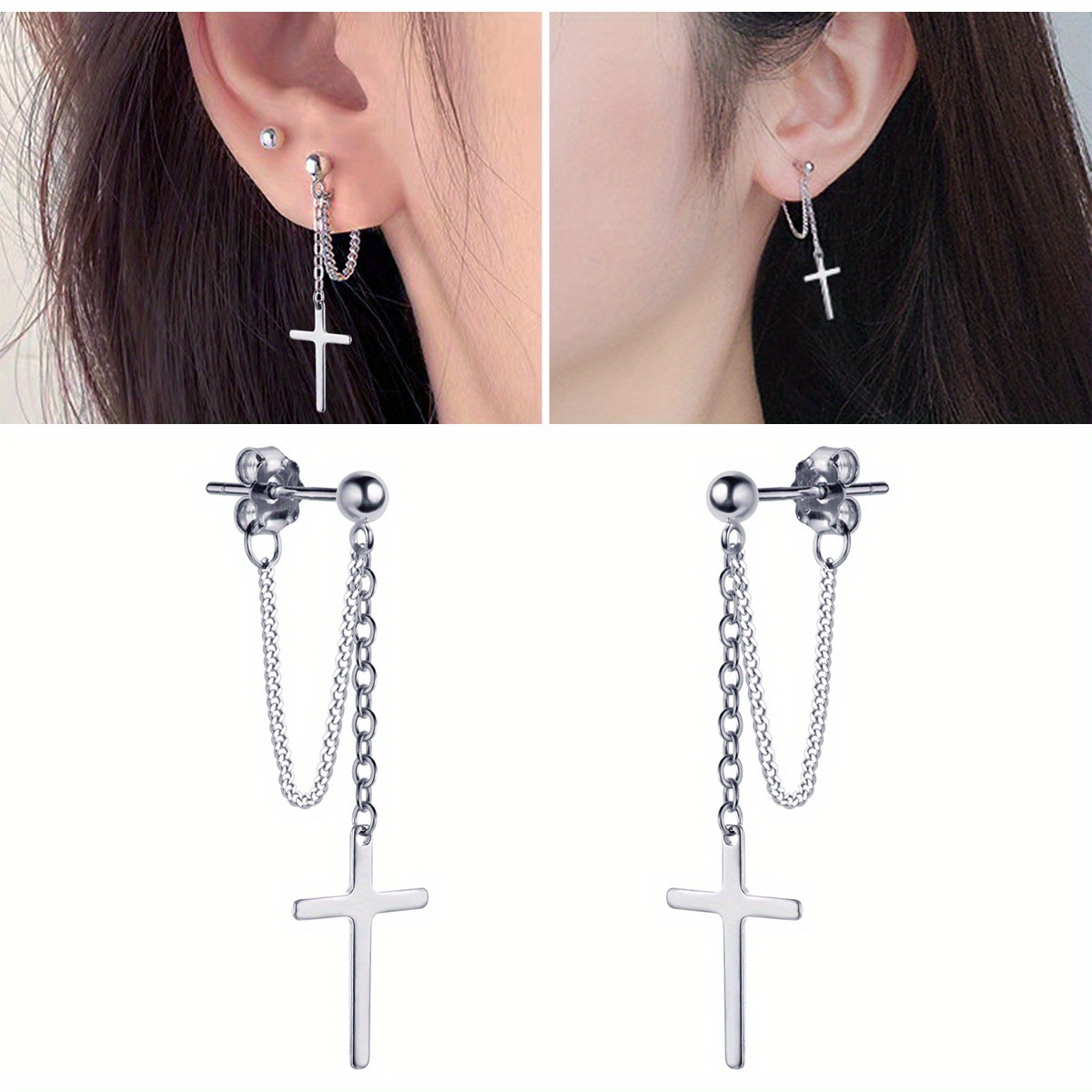 Stainless Steel Cross Pendant Front and Back Hypoallergenic Stud Earrings