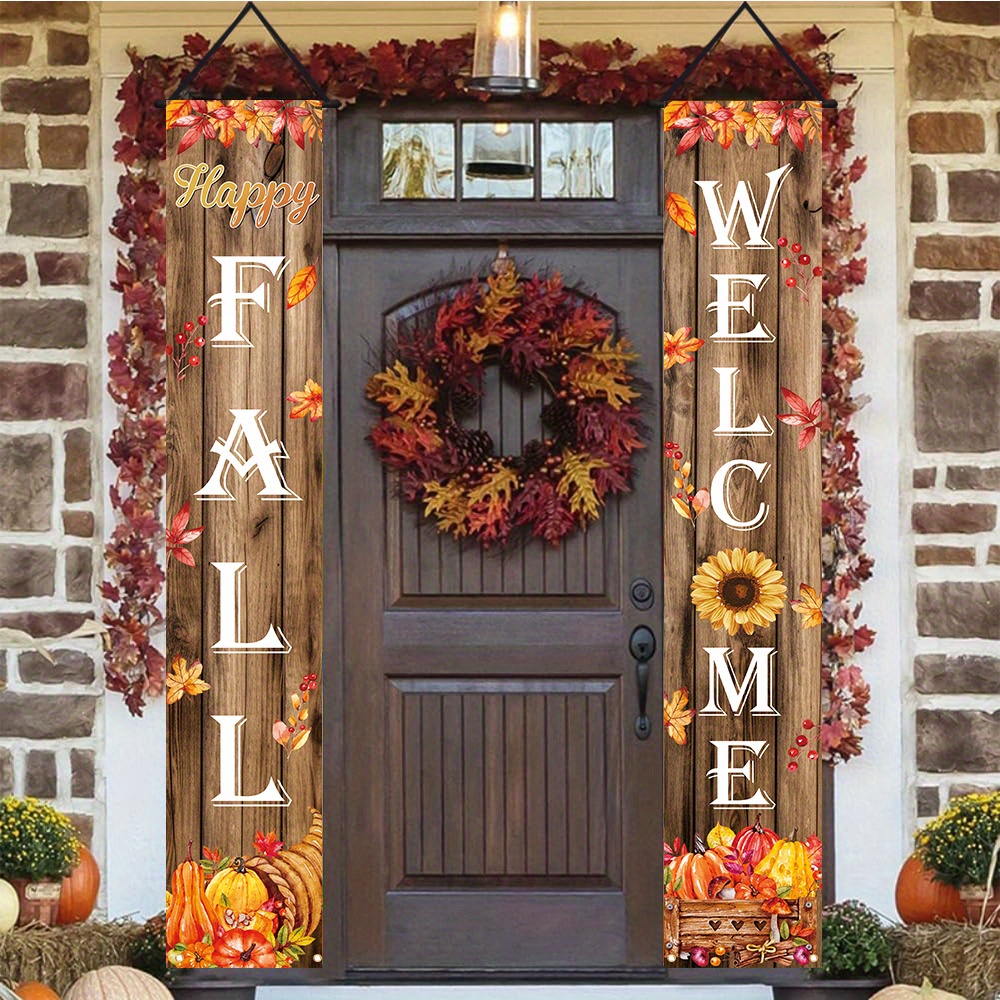 

Festive Fall Welcome Banner: 1 Pair, Polyester, Rustic Maple Leaves & Pumpkin Design, Seasonal Farmhouse Harvest Thanksgiving Decor, Multi-purpose, Outdoor Home Wall Decoration