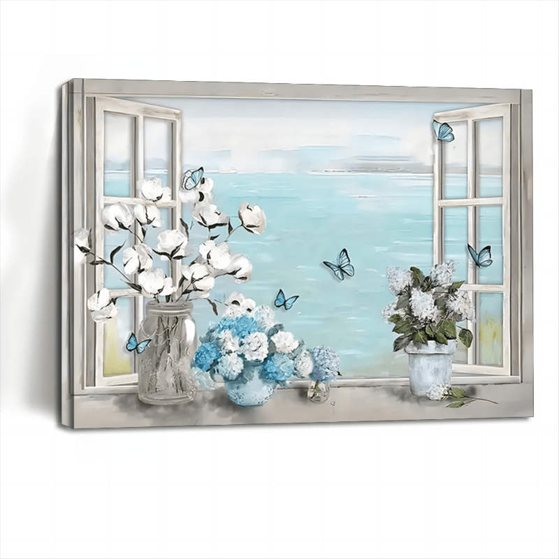 

1pc Wooden Framed Coastal Flower Bathroom Wall Art Farmhouse Cotton Hydrangea Floral Bathroom Wall Decor Rustic Blue Beach Butterfly Pictures Prints Painting Framed Canvas Artwork For Living Room Bedr