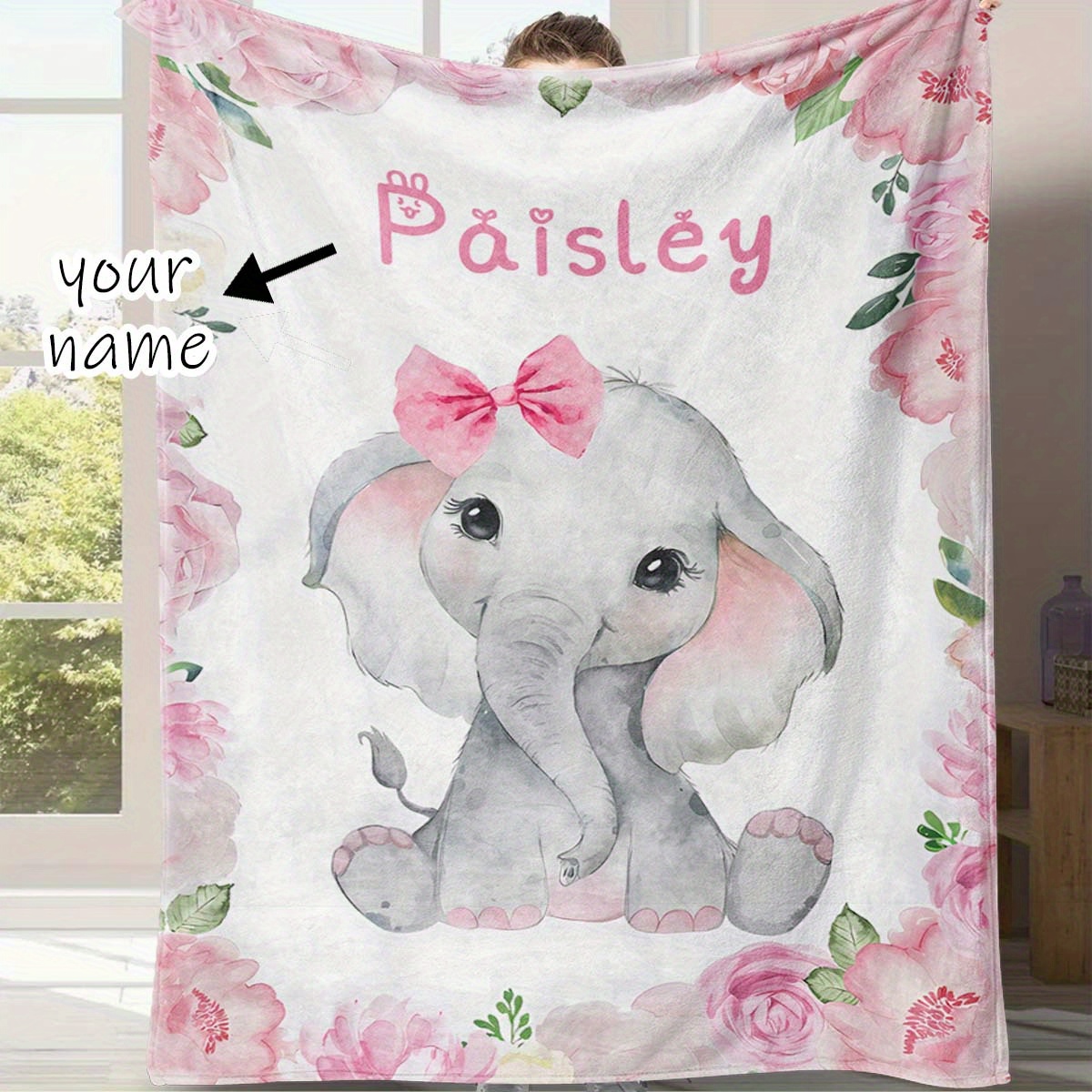 

1pc Customized Name Blanket, Cute Elephant Rose Pattern Blanket, For Birthday Holiday Gift, Soft 4 Seasons Flannel Outdoor Blanket