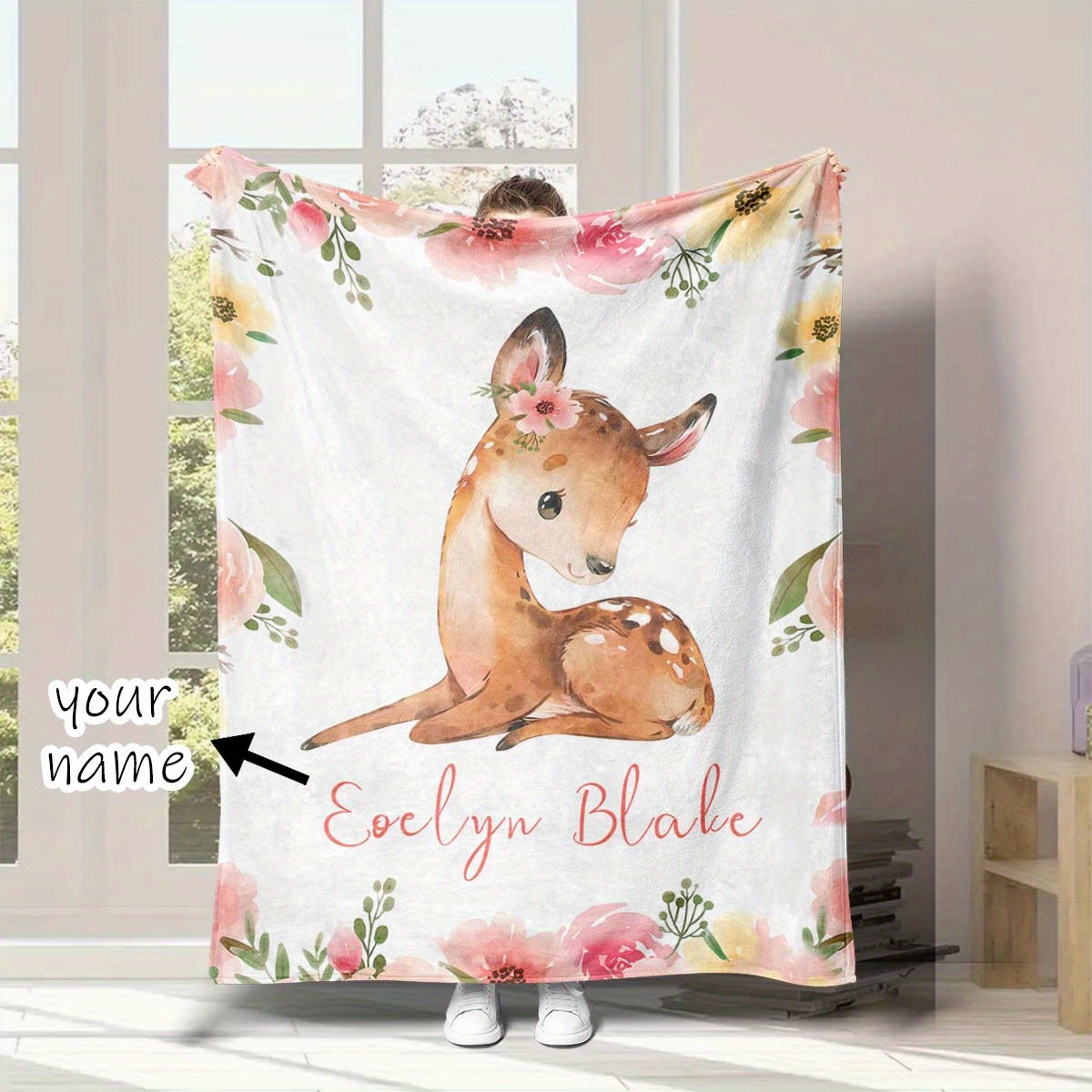 

1pc Customized Name Blanket, Cute Deer And Flower Art Pattern Blanket, For Birthday Holiday Gift, Soft Flannel Outdoor Blanket