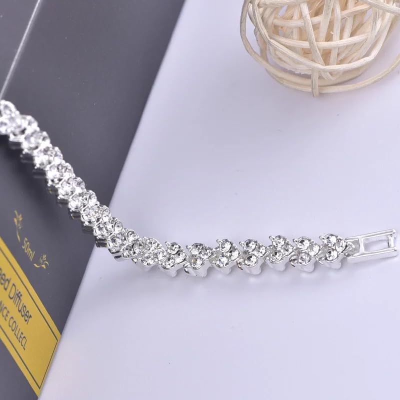 

18k White Gold Plated Cz Tennis Bracelet, Crystal Heart Silver Tennis Bracelet For Bridal, Wedding, Shiny Bracelet For Women 7 Inch