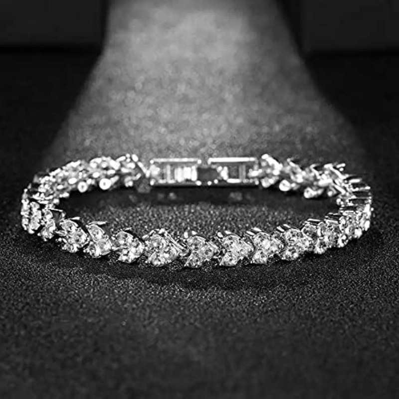 

18k White Gold Plated Bracelet, Crystal Heart Silver Tennis Bracelet For Bridal, Wedding, Shiny Bracelet For Women 7 Inch