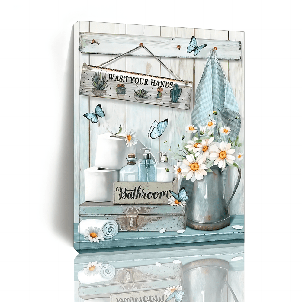

1pc Wooden Framed Farmhouse Bathroom Decor Wall Art Rustic Flower And Butterfly Bathroom Pictures Canvas Print Teal Country Bathroom Wall Decor Vintage Bathroom Wall Art With Framed Ready To Hang