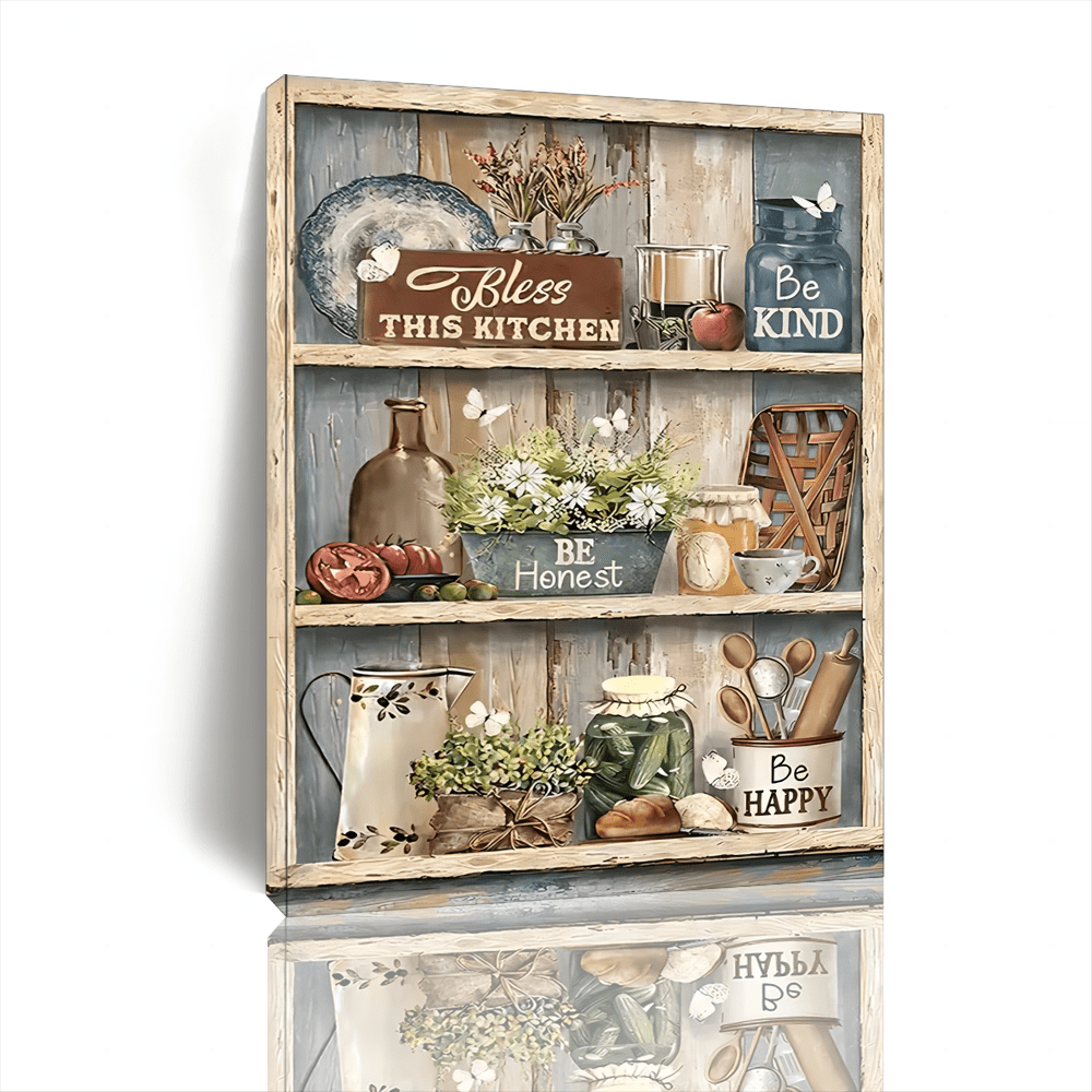 

1pc Wooden Framed Kitchen Wall Art Rustic Bless Kitchen Pictures Wall Decor Farmhouse Kitchen Painting Canvas Country Prints Modern Artwork Framed Home Kitchen Dining Room Decor