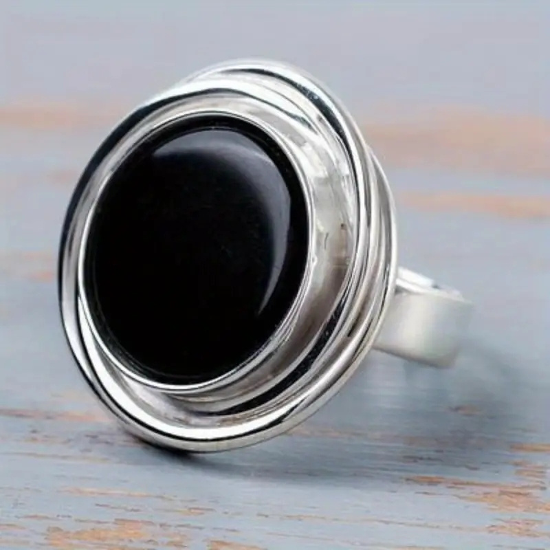 

Sterling Silver Vintage Style Bohemian Black Onyx Ring, Adjustable Band, Ideal For Anniversary & Birthday Gifts, Party And Evening Accessory