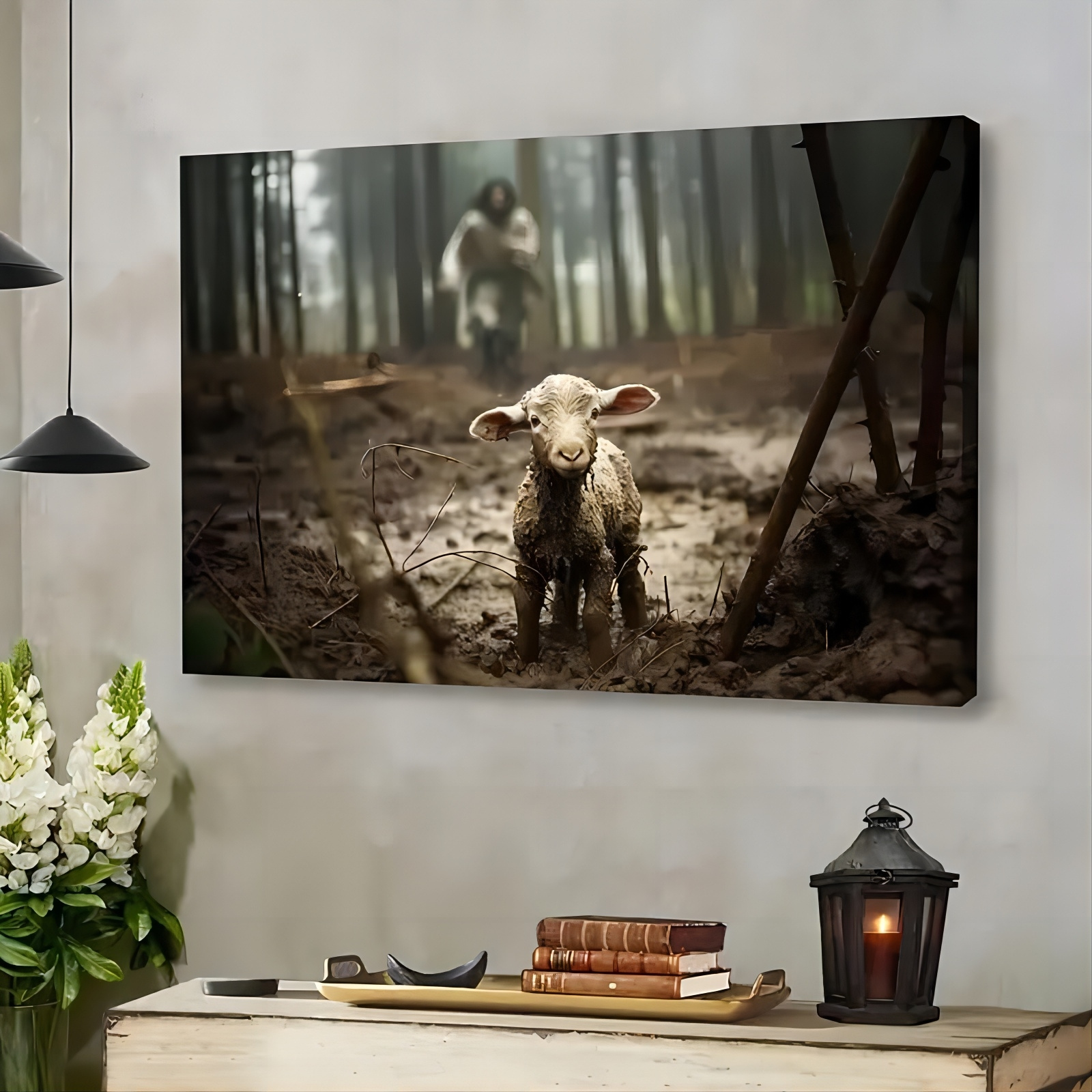 

1pc Wooden Framed Running After A Lost Lamb Lamb Of Wall Art Canvas Canvas Decor Wall Art For Bedroom Living Room Home Walls Decoration With Framed Ready To Hang