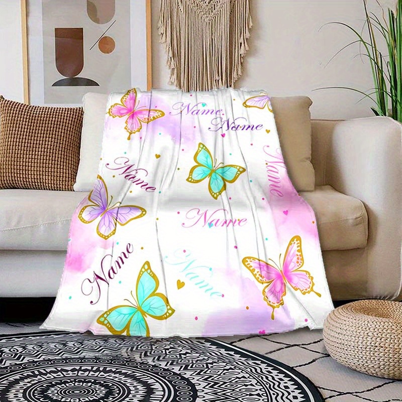

1pc Custom Name Blanket, Multi Purpose Personalized Colorful Butterflies Print Pattern Gift Blanket, Soft Warm Nap Blanket For Outdoor Travel Leisure Camping
