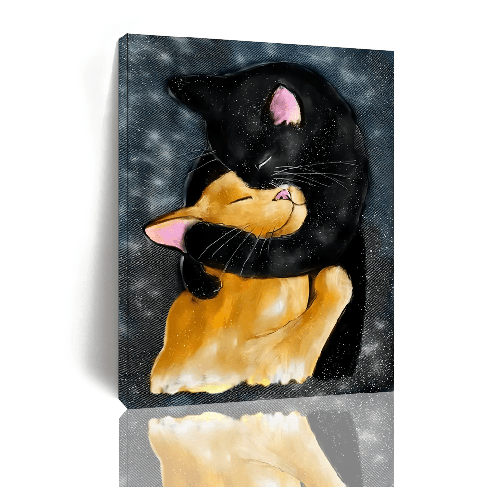 

1pc Wooden Framed, Wall Art Canvas Painting Hugging Cats, Black And Orange Cat, Cat Art Print, 2 Cats Deco, Cat Love, Cat Owner Gift Printed Painting