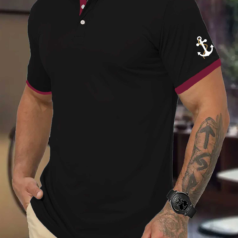 

Creative Cuff Pattern Print, A Sophisticated And Men's Luxury Polo Shirt With A Large Collar, Henley Style, Comfortable, Cool, And Breathable, A Must-have For Summer Business.