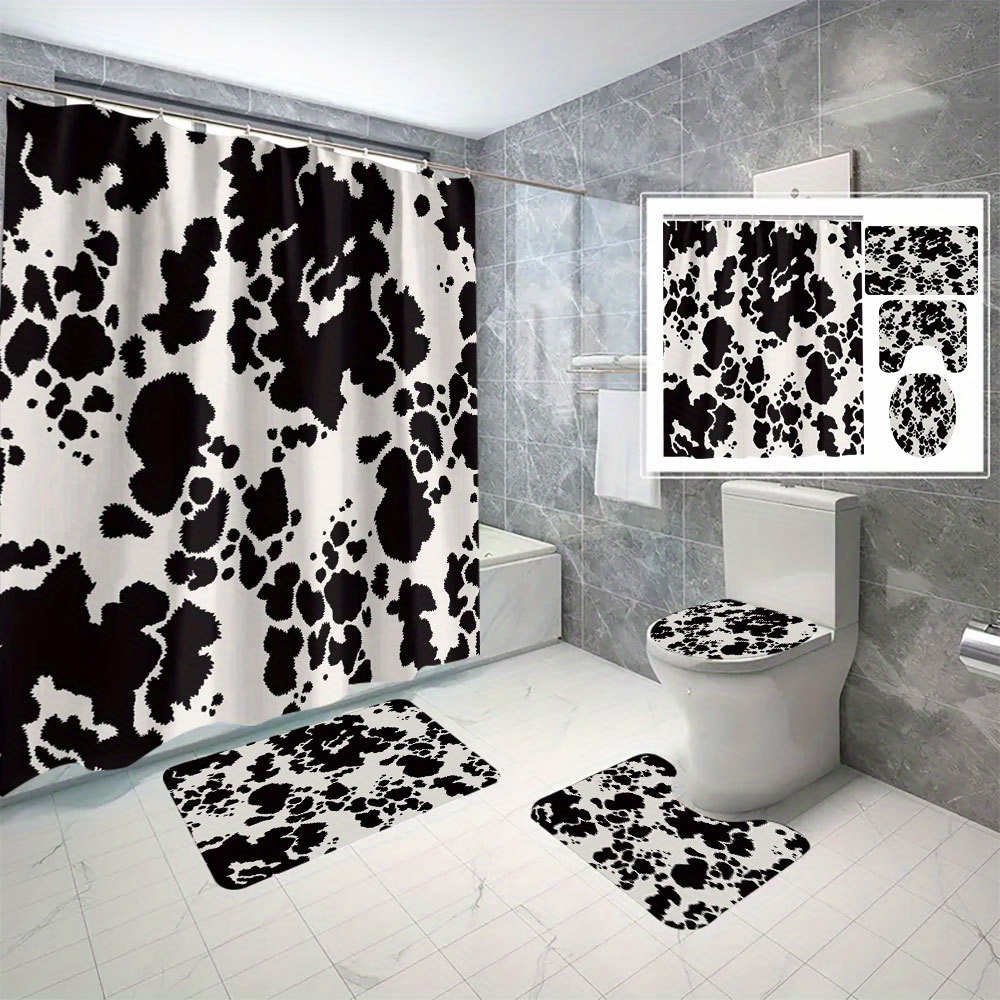 

4pcs Cow Print Bathroom Set, Black And White Digital Printed Shower Curtain, No-drill Partition, Waterproof Bath Decor With Non-slip Rugs, Toilet Lid Cover, And Bath Mat