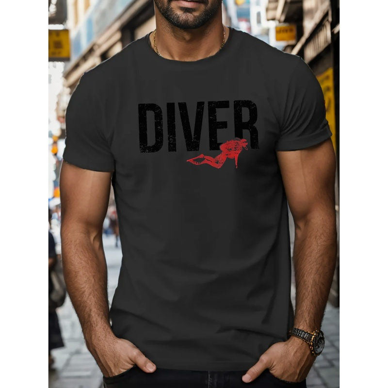 

Vintage Diver Print T-shirt, Casual Slightly Stretch Crew Neck Short Sleeve Tee, Men's Clothing For Summer