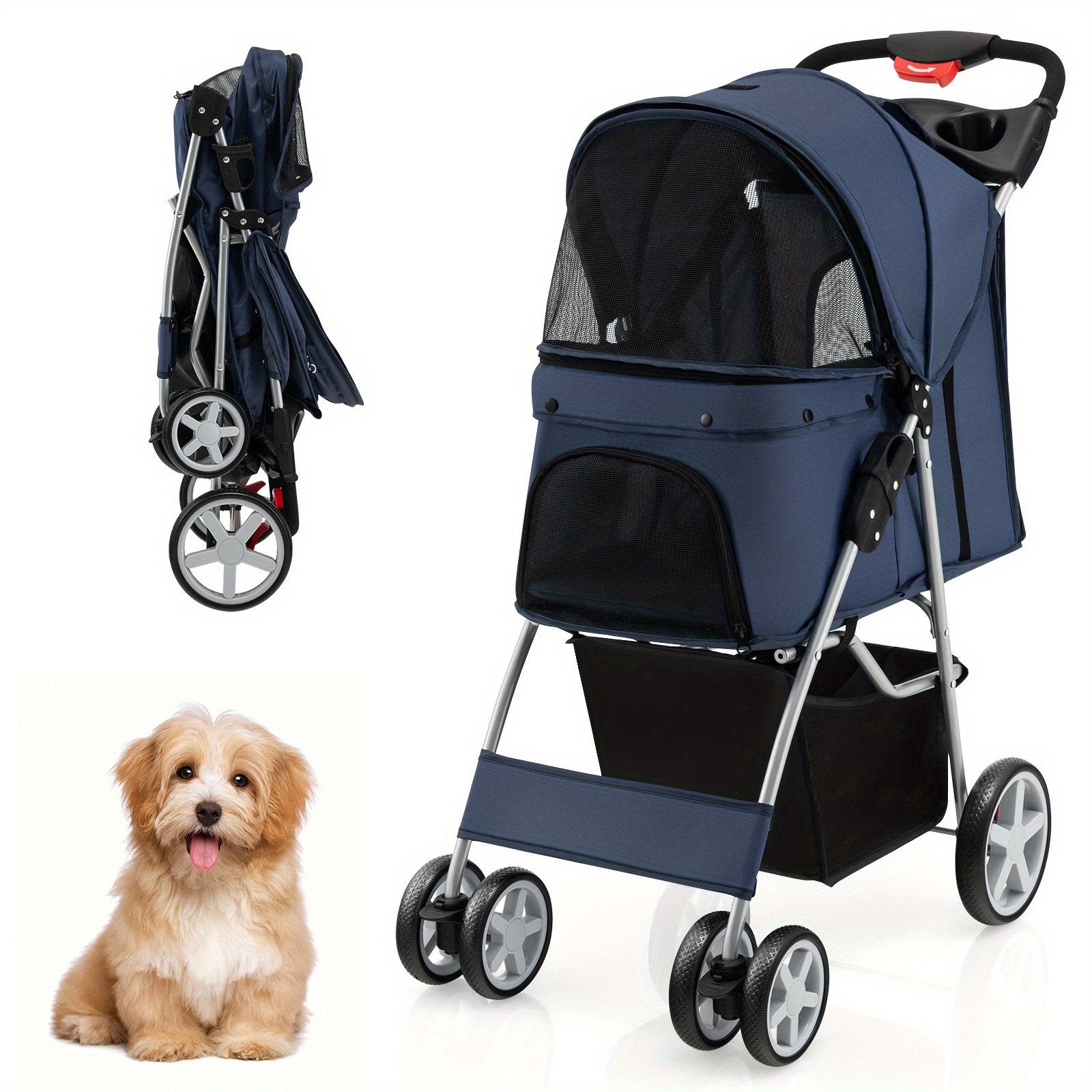 

Lifezeal Folding Pet Stroller 4-wheel Pet Travel Carrier W/storage Basket Navy