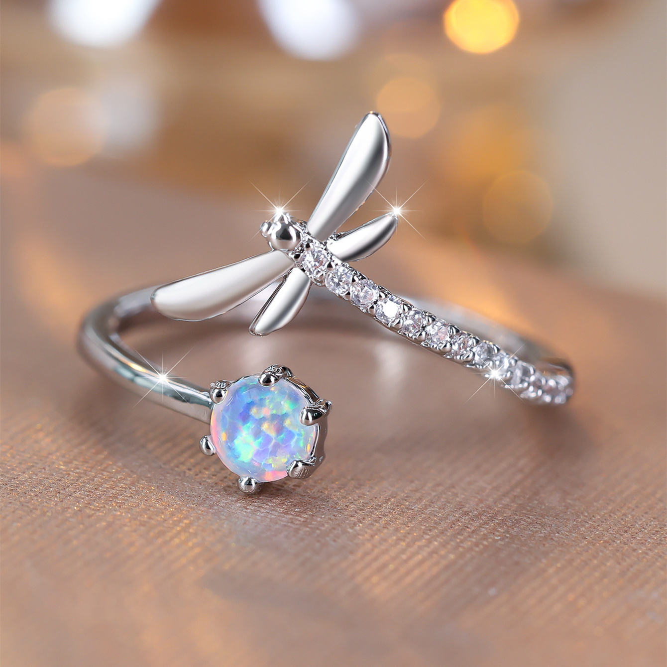 

Boho-chic Dragonfly Open Ring With Round White Opal - Versatile & Simple Design For Everyday Wear, Copper Material, Ages 14+ Dragonfly Jewelry