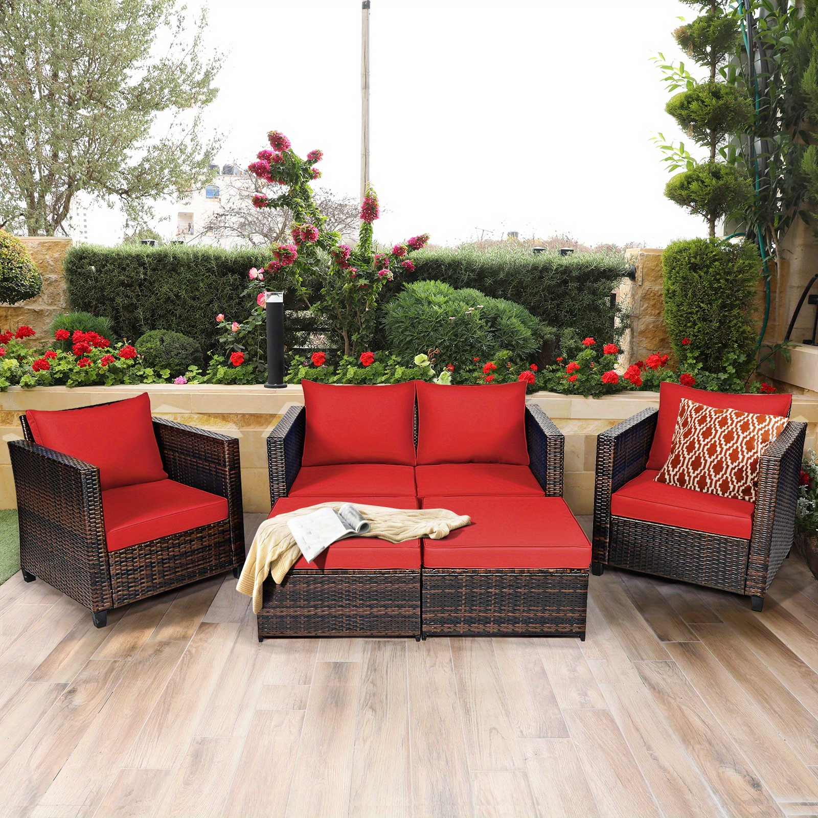 

Lifezeal 5pcs Patio Rattan Furniture Set, Outdoor Furniture Set Loveseat Sofa Ottoman W/ Cushion Red