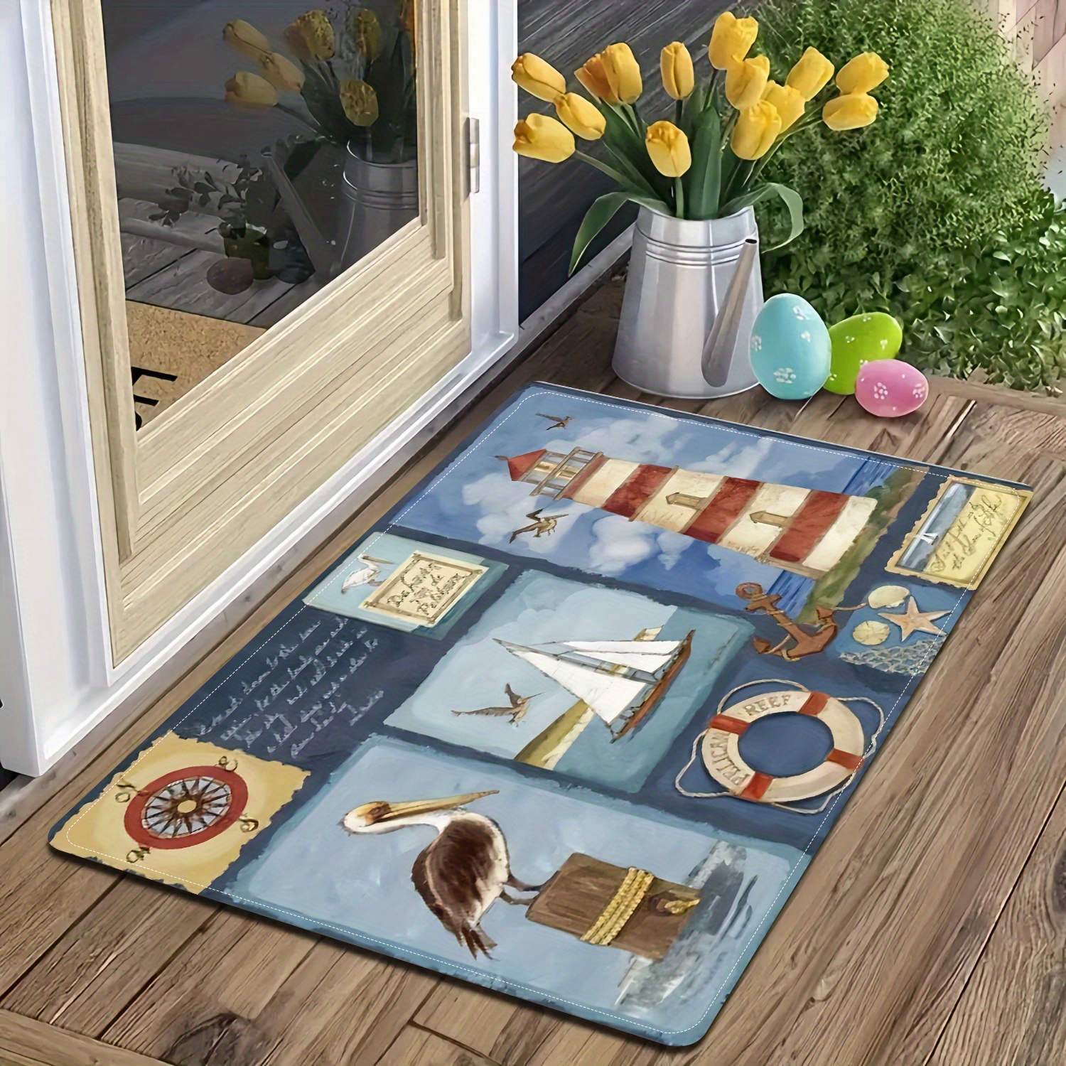 

Nautical-themed Outdoor Mat - Polyester, Quick-dry, Non-slip, Easy Clean, Stain-resistant Door Rug For Entrance, Patio, Kitchen - Decorative Coastal Design, Pelican And Sailboat Motifs, Hand Wash Only