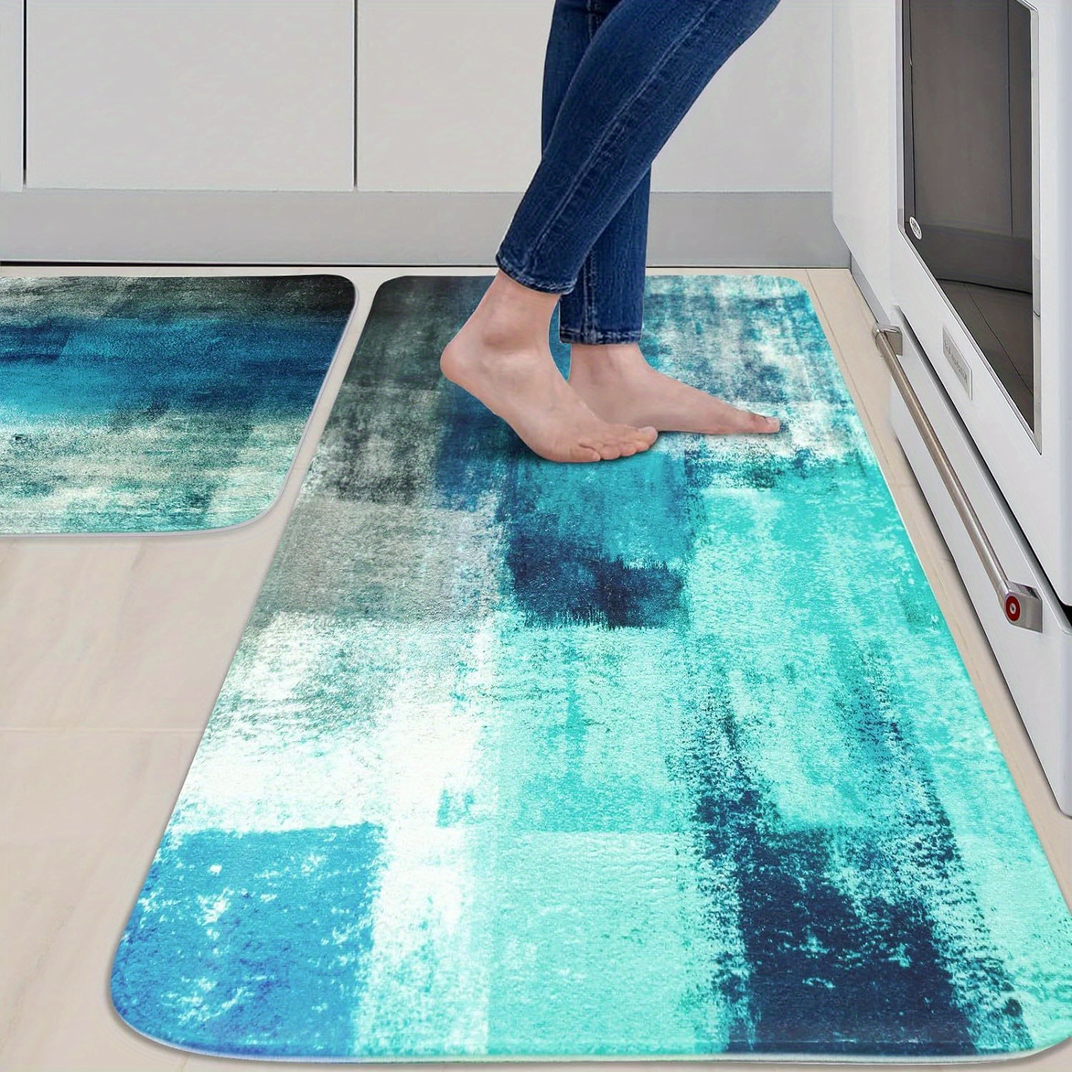 

Teal Kitchen Rugs And Mats Set Of 2, 20"x48"+20"x29.5" Turquoise Kitchen Floor Mat Abstract Art Area Rug Washable Kitchen Rugs For Kitchen Dining Room, Floor Home, Office, Sink, Laundry