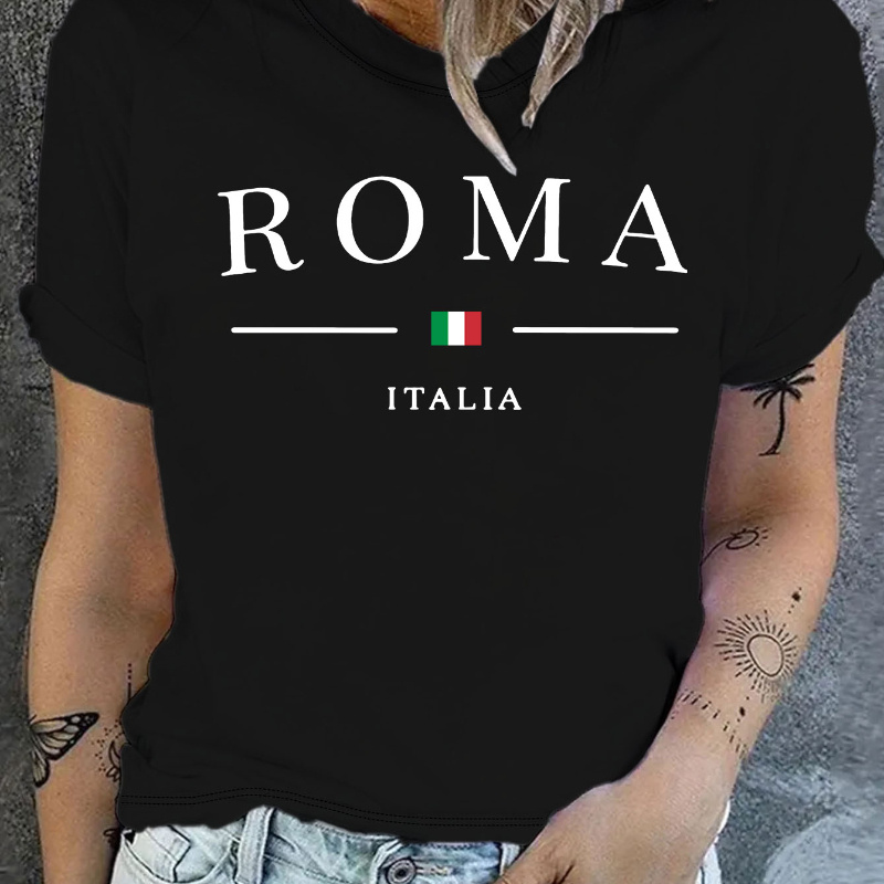 

Roma Italy Print T-shirt, Short Sleeve Crew Neck Casual Top For Summer & Spring, Women's Clothing