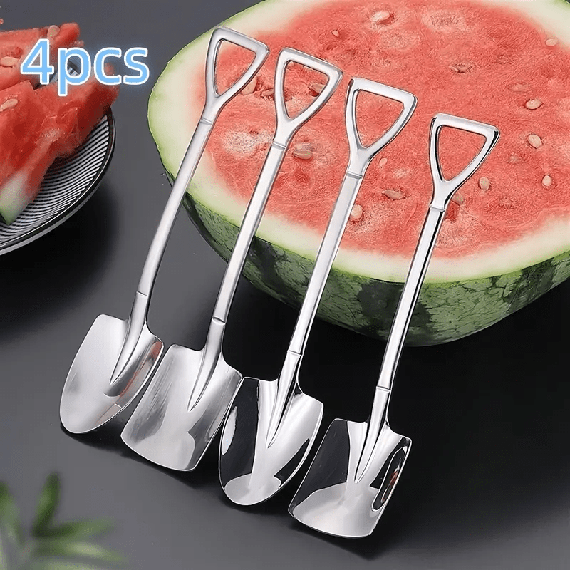 

4pcs Stainless Steel Spoons Set, Thickened Watermelon Dessert Ice Cream , & Portable For Outdoor Camping