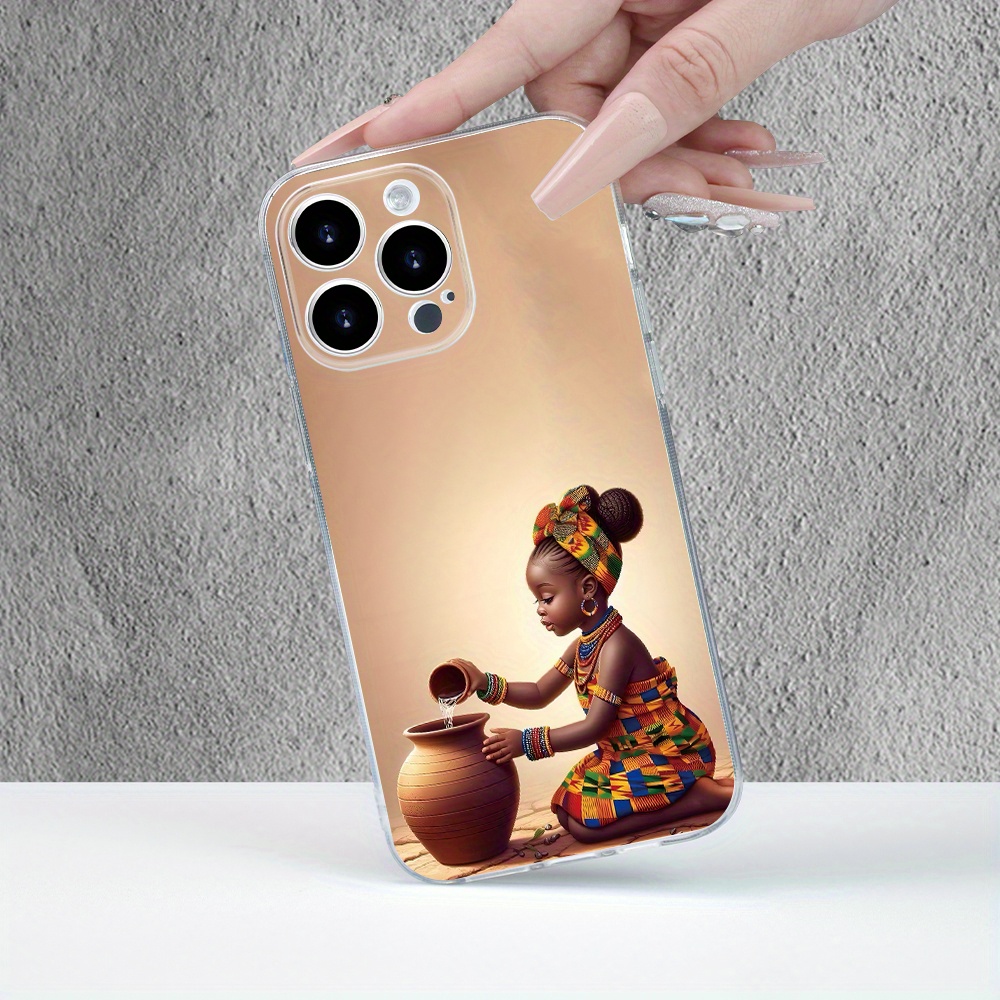 

African Culture Inspired Pottery Girl Transparent Tpu Phone Case For 15 14 13 12 11 Xs Xr X 7 8 Plus Pro Max Mini - Durable Soft-back Protection, Cartoon Fashion Design, Clear Cover Accessory