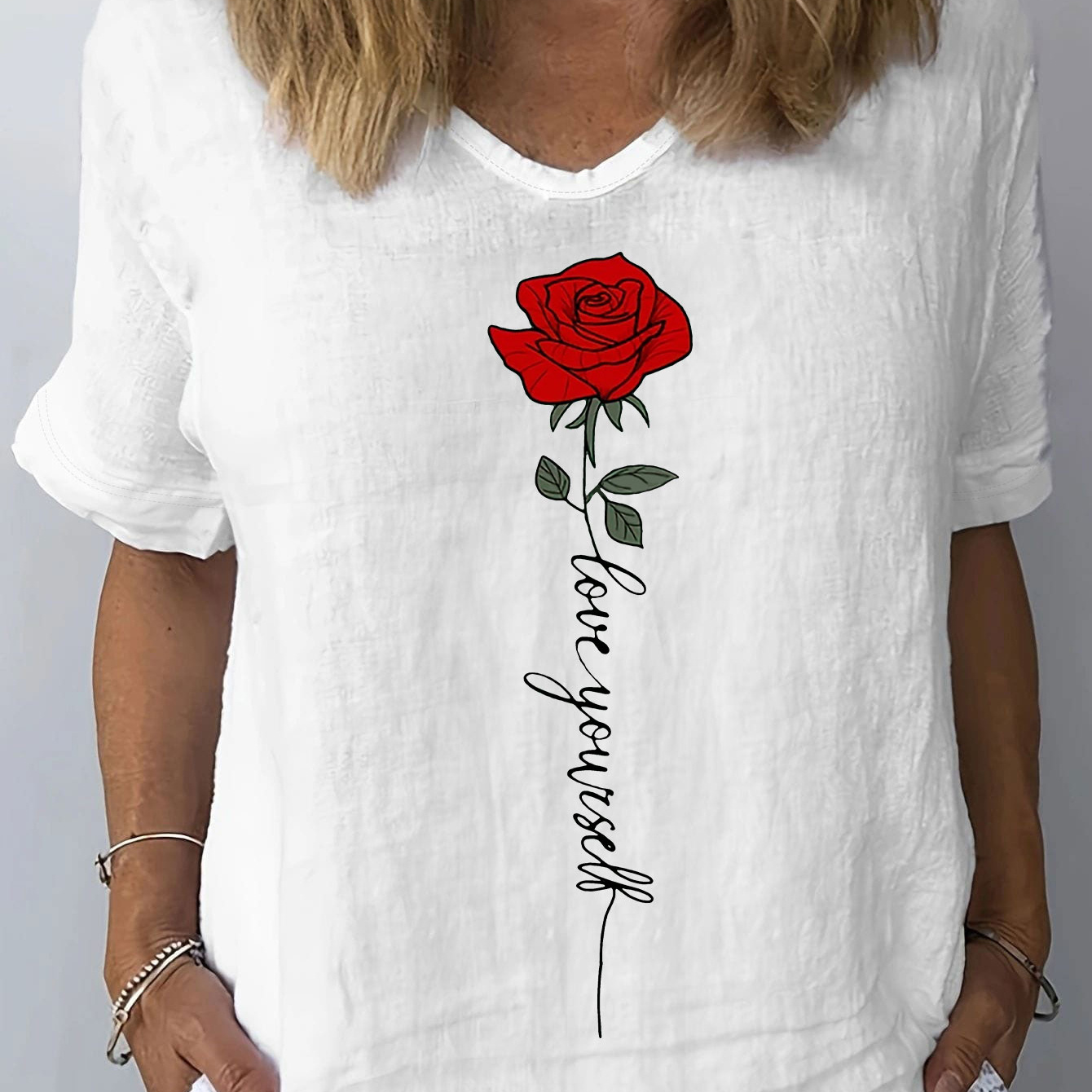 

Rose & Letter Print T-shirt, Short Sleeve V Neck Casual Top For Summer & Spring, Women's Clothing