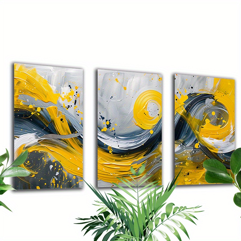 

Set Of 3 Unframed Canvas Wall Art Prints, Dynamic Metallic Yellow And Grey Abstract Design, Cloth Material, 12x18 Inch Each, Modern Decor For Home, Office, And Restaurant