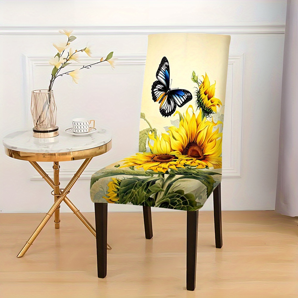 

Modern Sunflower Print Chair Slipcovers With Elastic Band - 100% Polyester Milk Fiber Fabric, Digital Printing, Machine Washable, Fits Most Dining Chairs - Available In Sets Of 2/4/6