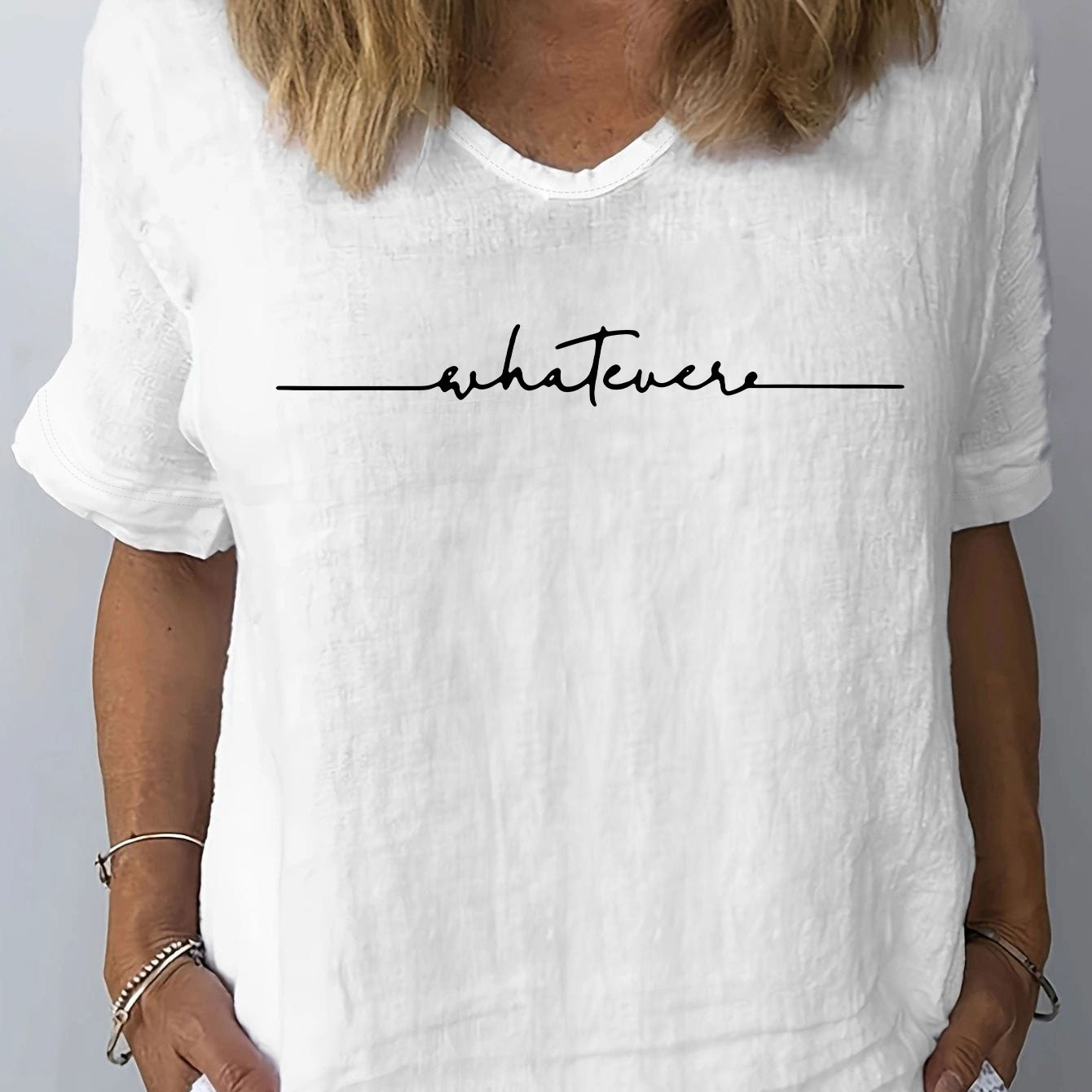 

Whatever Print T-shirt, Short Sleeve V Neck Casual Top For Summer & Spring, Women's Clothing