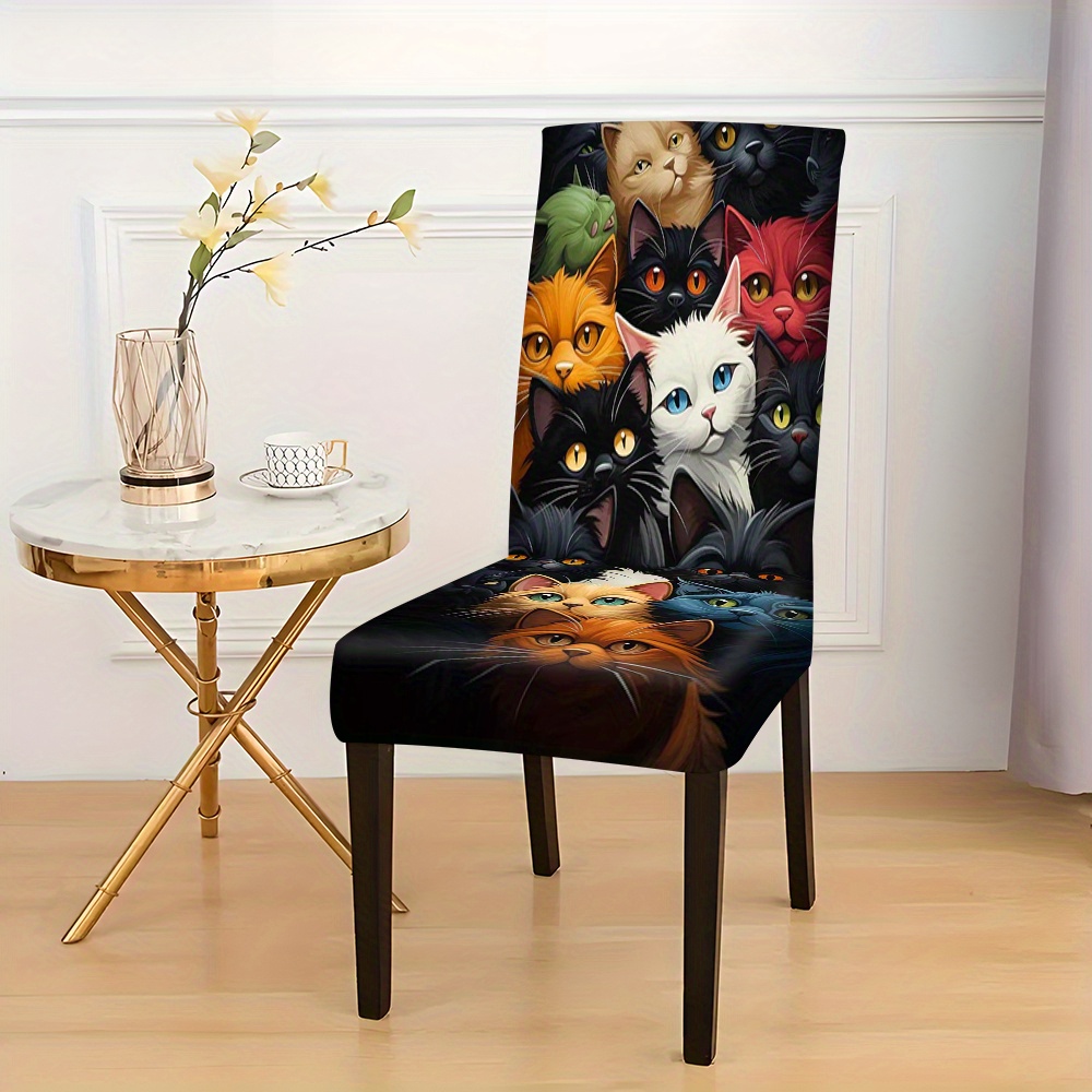 

2/4/6pc Chic Cat Pattern Stretch Chair Covers - Elastic Slipcovers Toward Dining & Sofa Chairs, Easy Care, All-season Comfort