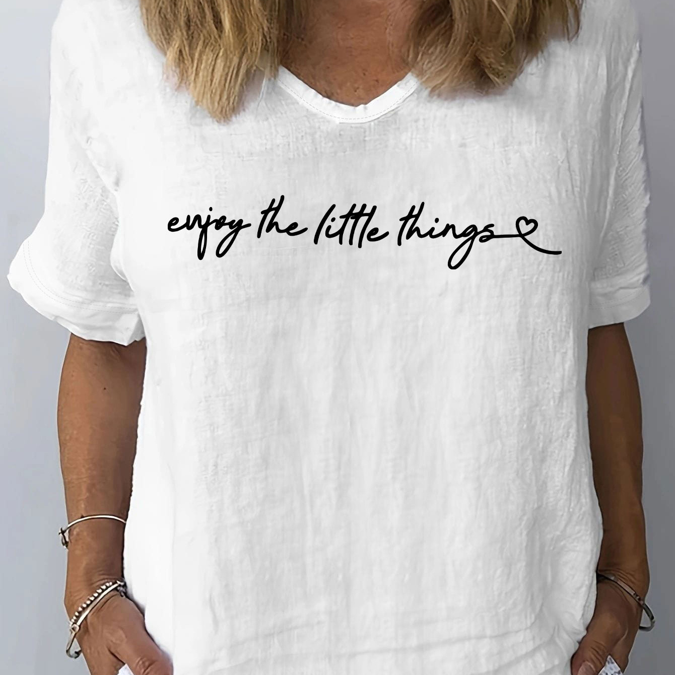 

Enjoy The Little Things Print T-shirt, Short Sleeve V Neck Casual Top For Summer & Spring, Women's Clothing