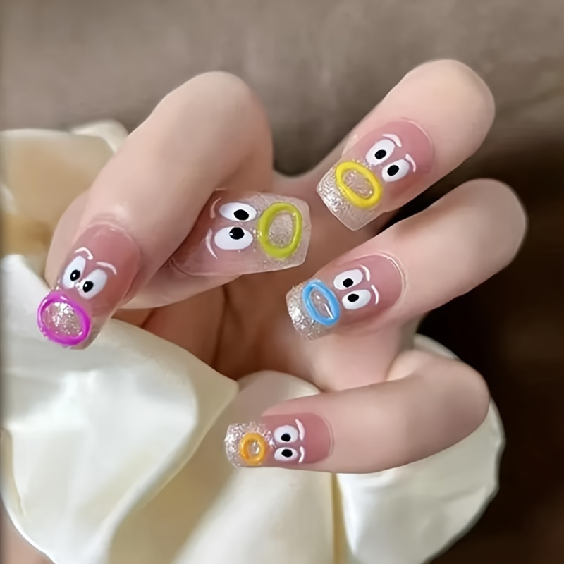 Self-Adhesive Plastic Nail Stickers with Glitter - Cartoon Monster Mouth Design for Girls and Women, Glossy Finish, Round Shape, Single Use Decals with Cartoon Patterns for Plastic Surfaces - Vibrant Monster Mouth Nail Art Decals