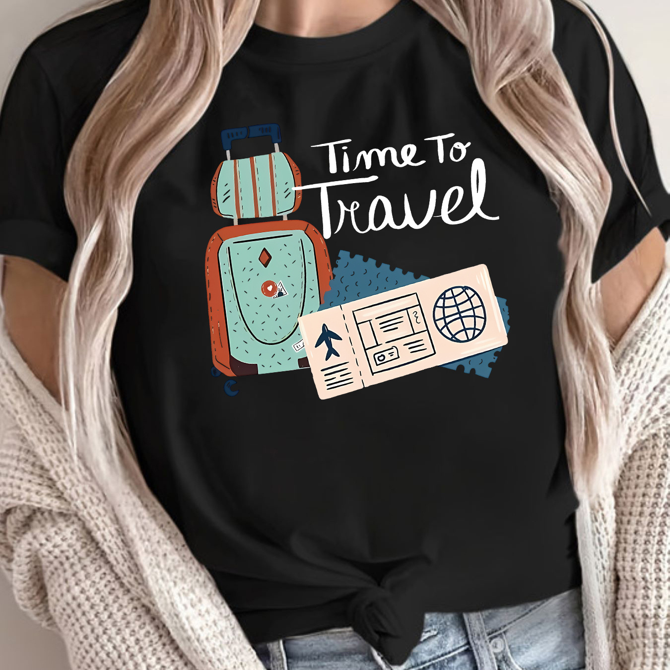 

Travel Element Print T-shirt, Short Sleeve Crew Neck Casual Top For Summer & Spring, Women's Clothing