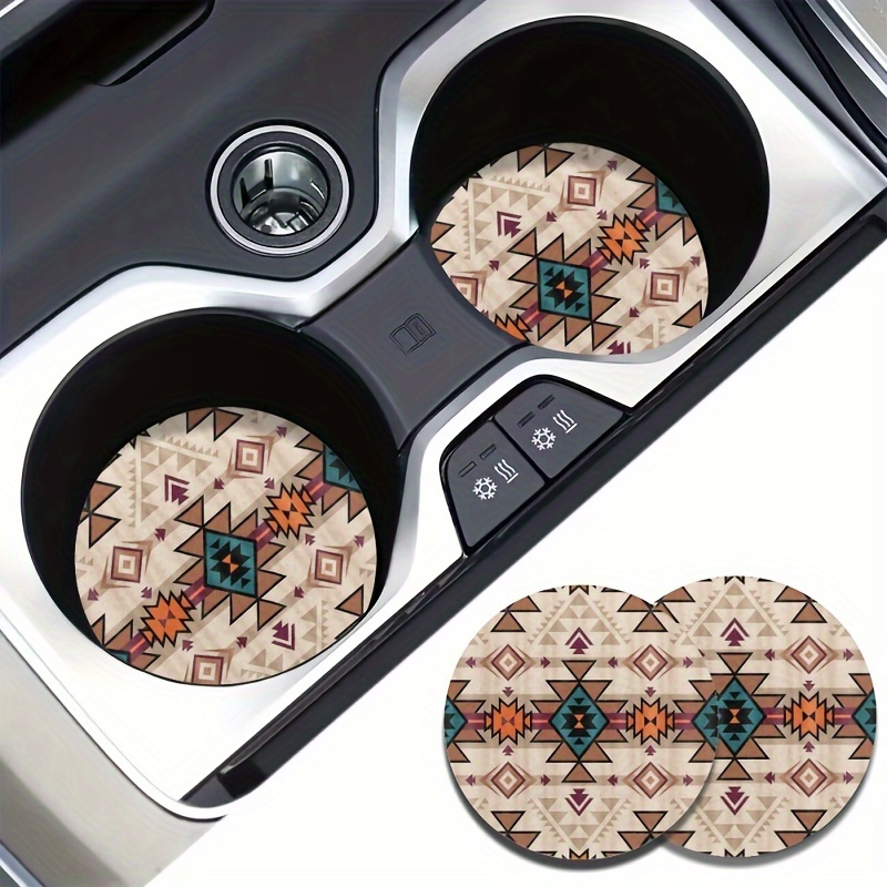 

2pcs Aztec Car Cup Holder Coasters - Tribal , Polyester, Protects Vehicle Interior, Aztec Car Accessories