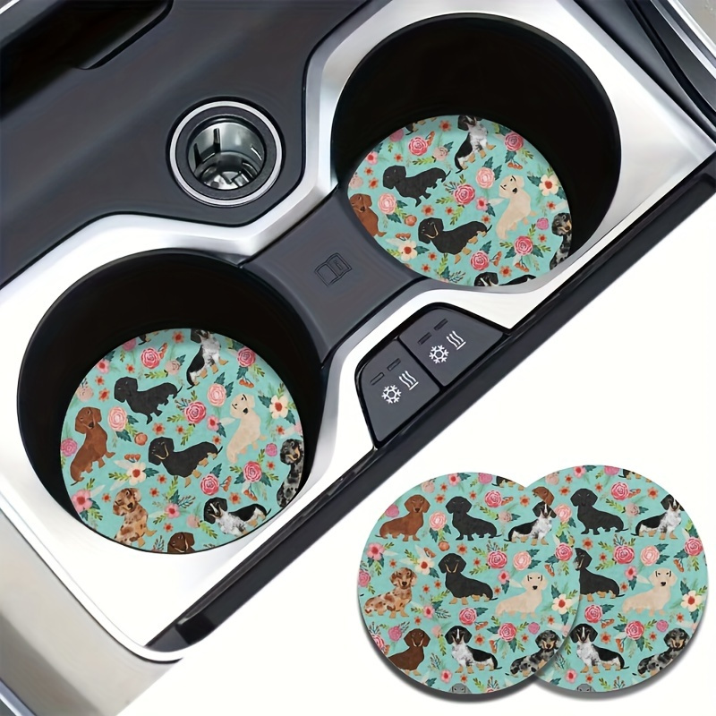 

2-pack Polyester Car Cup Coasters For Women - Cute Dachshund & Flower Design, Non-slip, Heat Insulation Vehicle Cup Holders