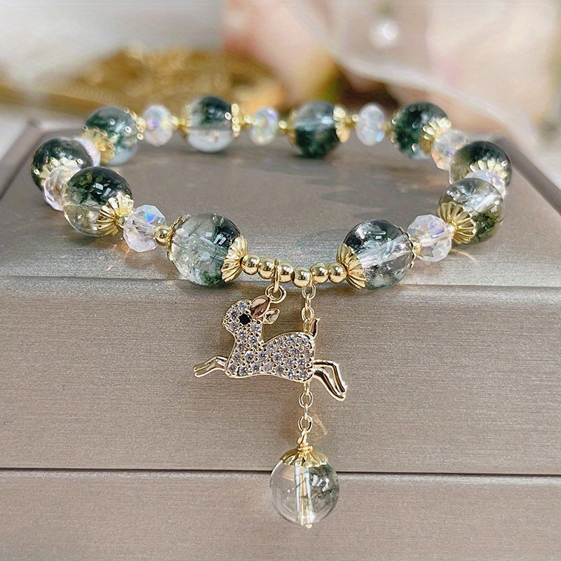 

1pc Elegant Forest Style Crystal Beaded Bracelet, Cute Deer Pendant, Green & Transparent Beads, Women's Jewelry Gift For Girlfriend Or Best Friend