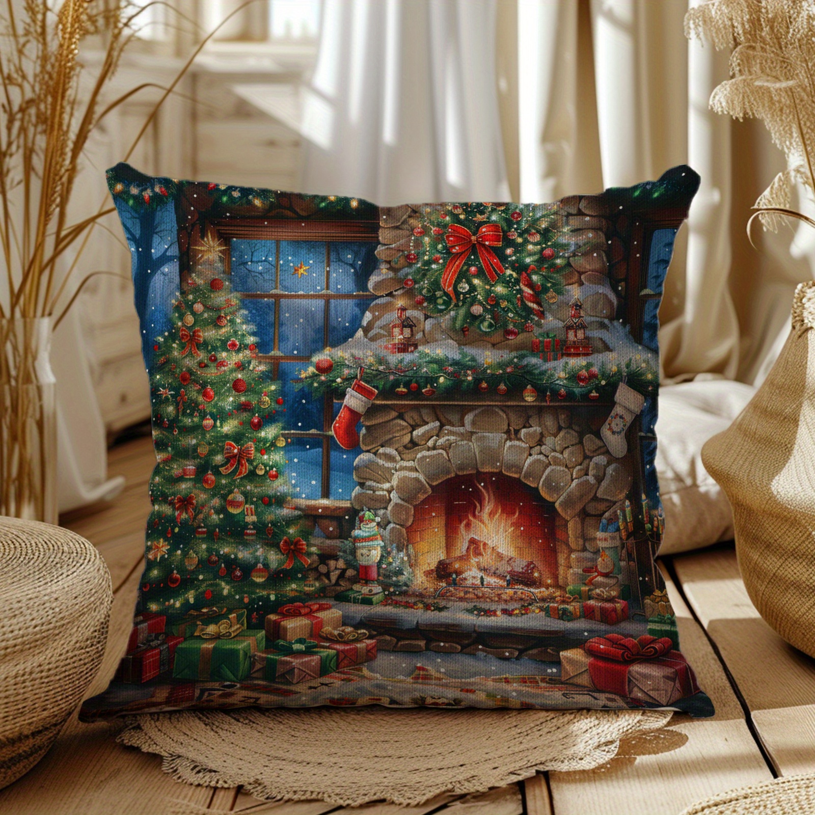 

Christmas Fireplace & Tree Decorative Throw Pillow Cover, 18x18in - Polyester, Zip Closure, Machine Washable For Living Room, Bedroom, Sofa