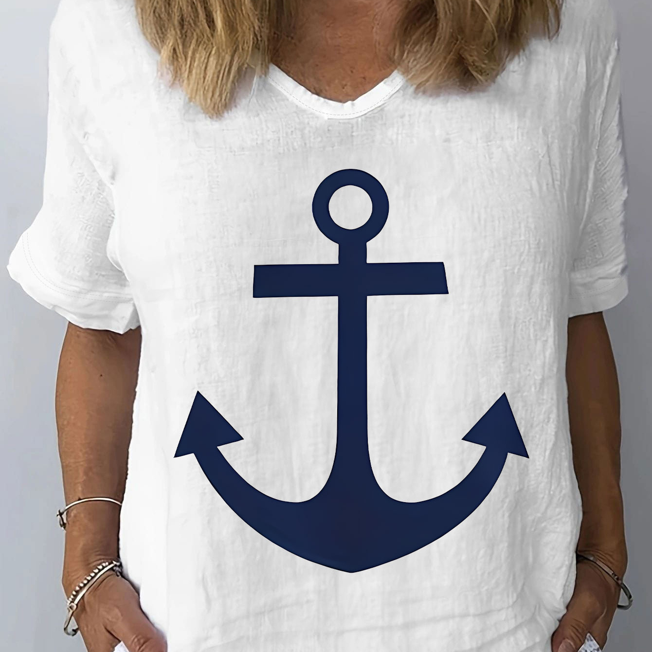 

Anchor Print T-shirt, Short Sleeve V Neck Casual Top For Summer & Spring, Women's Clothing