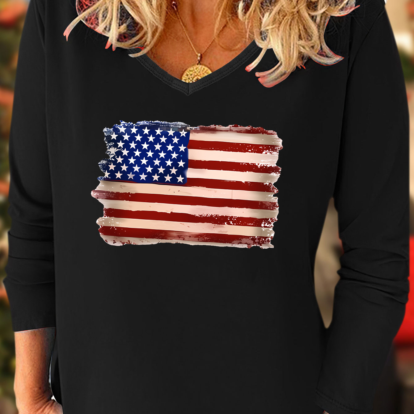 

Casual Flag Print Lounge Top For Independence Day, Long Sleeve V Neck Stretchy Top, Women's Loungewear For Fall & Winter