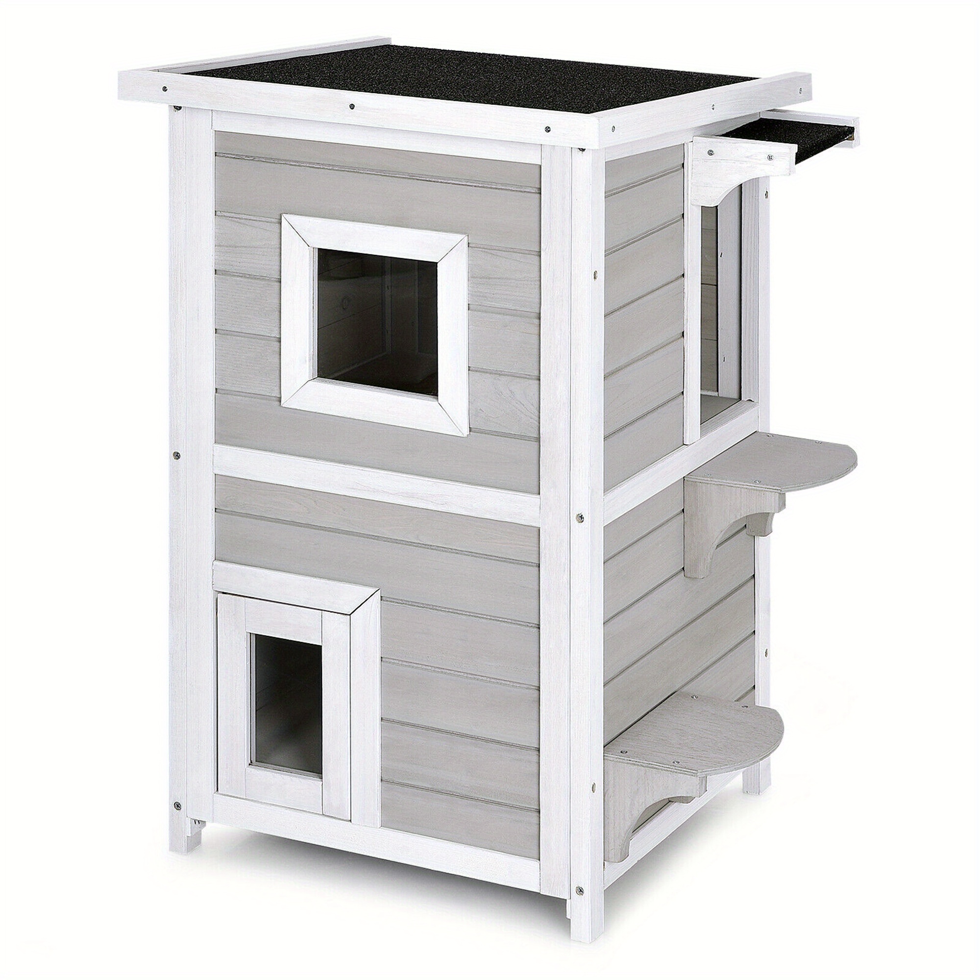 

Gymax 2-tier Wooden Cat House Outdoor Kitty Shelter W/ Escape Door Rainproof