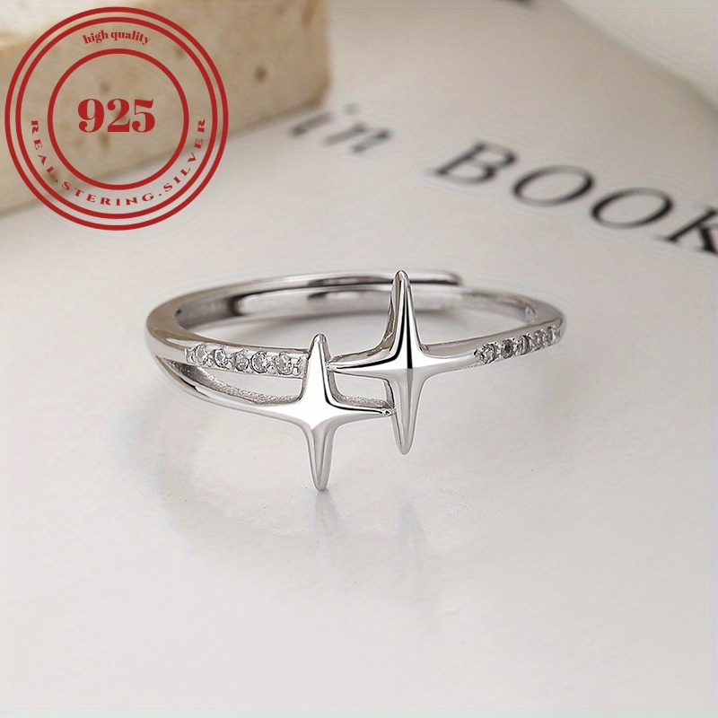 

S925 Sterling Silver Star Decor Double Layer Ring, Cute Open Adjustable Ring Simple Hand Jewelry.1.56g/0.06oz