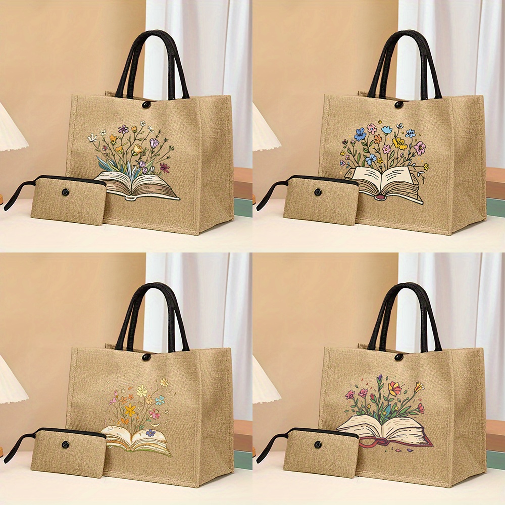 

Flowers Blooming From Books, Knowledge, Pattern Tote Bag Set, Lightweight Burlap Shopping Bag, Portable Travel Beach Bag With Makeup Bag