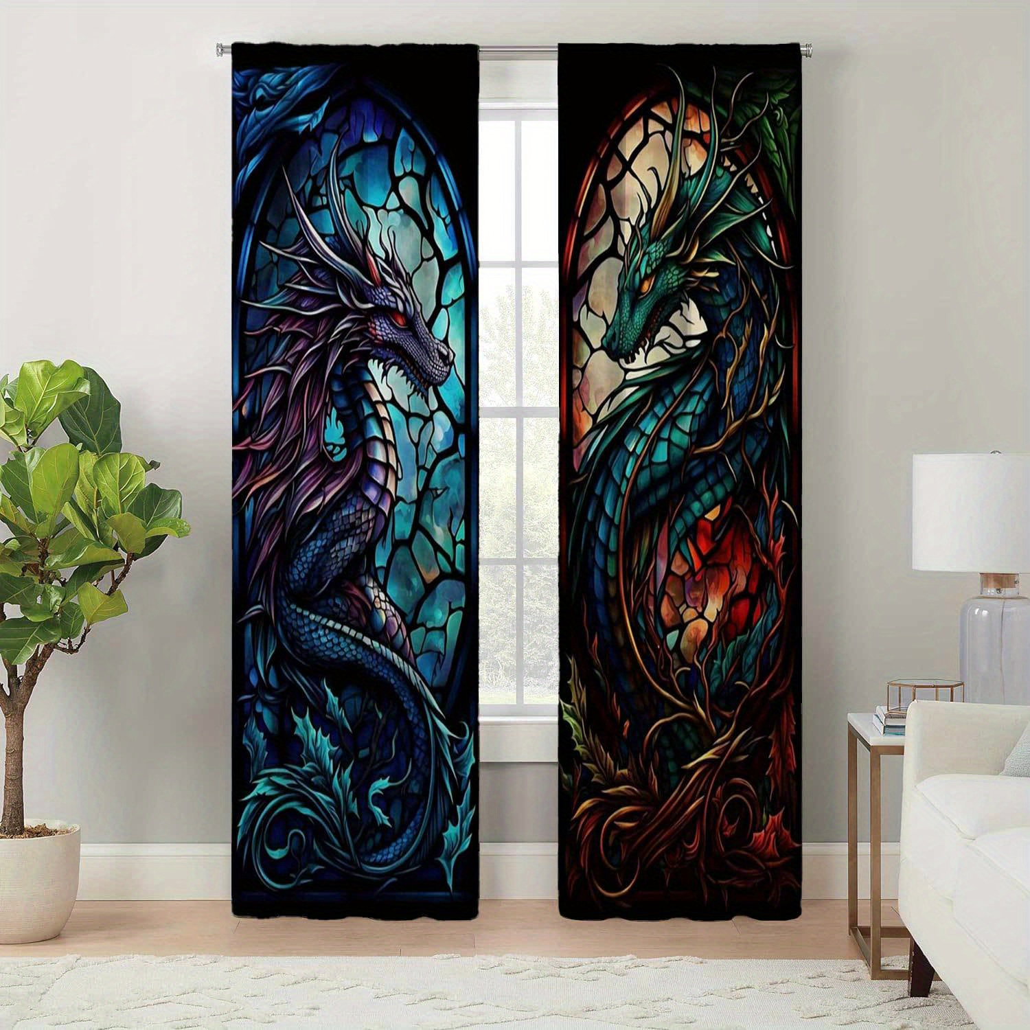 

Boho Jacquard Dragon Print Doorway Curtains - Machine Washable, Polyester Pastoral Theme With Tie Backs, Durable Easy-hang Panels For Living Room Decor