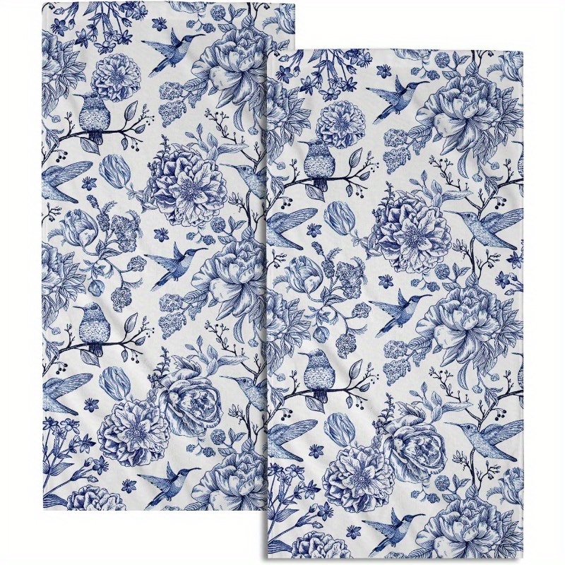 

Set Of 2 Polyester Blend Kitchen Towels - Woven Modern Style, Super Soft, Machine Washable Dish Cloths, Oblong 18x26 Inches, Decorative Floral And Bluebird Design For Home And Bathroom Use