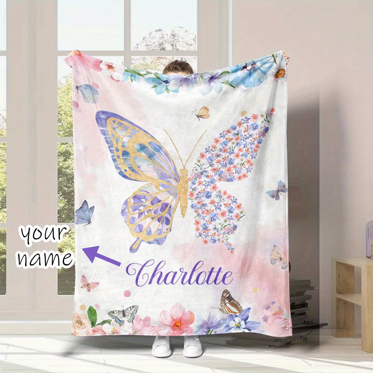 

1pc Customized Name Blanket, Butterfly And Colorful Flower Pattern Blanket, For Birthday Holiday Gift, Soft 4 Seasons Flannel Outdoor Blanket